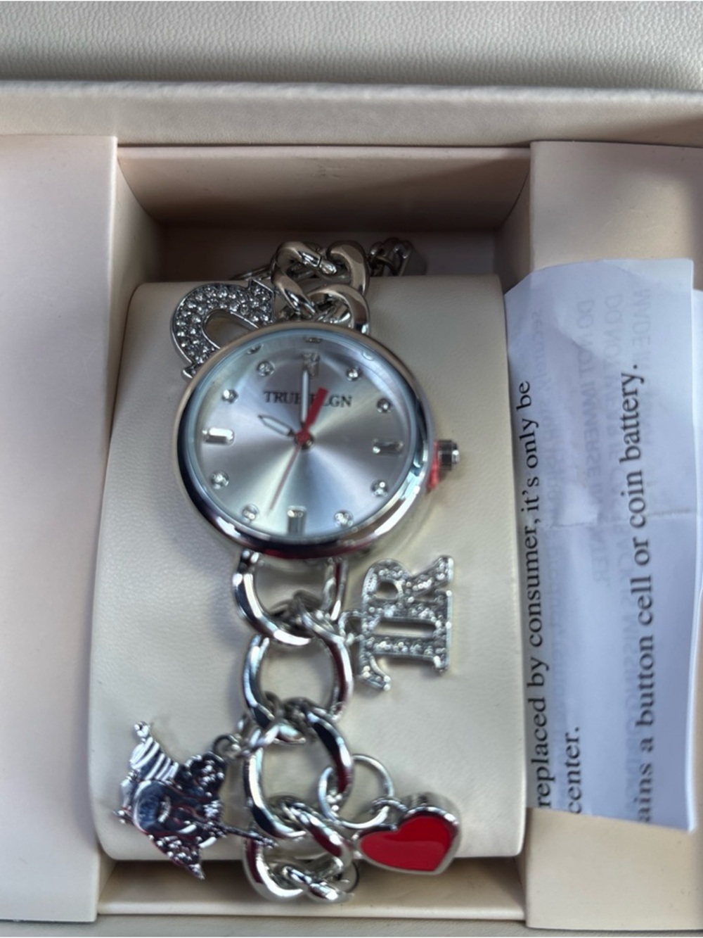 True Religion Silver Charm Bracelet Watch with Red Heart Charm